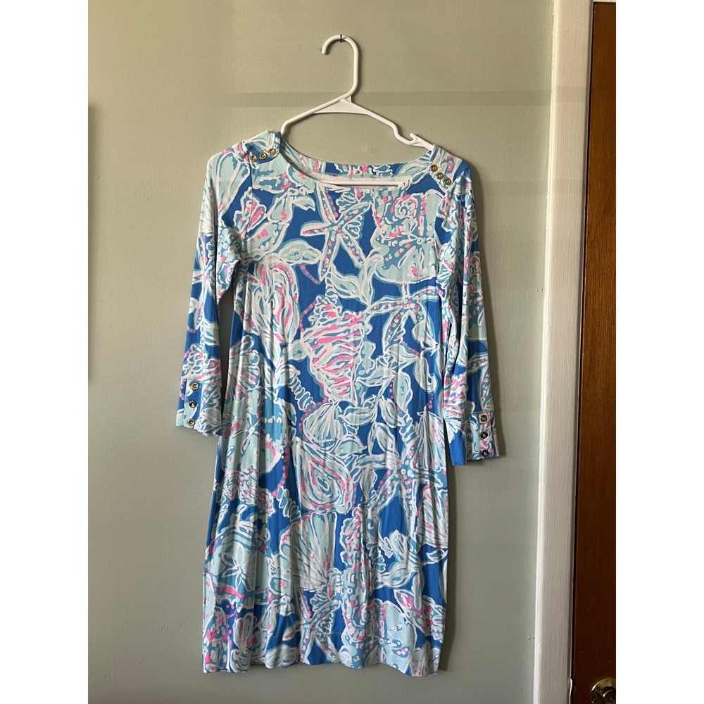 Lilly Pulitzer Sophie Dress Bay Blue UPF 50+ Boat Neck Ocean Shells Women Sz XS